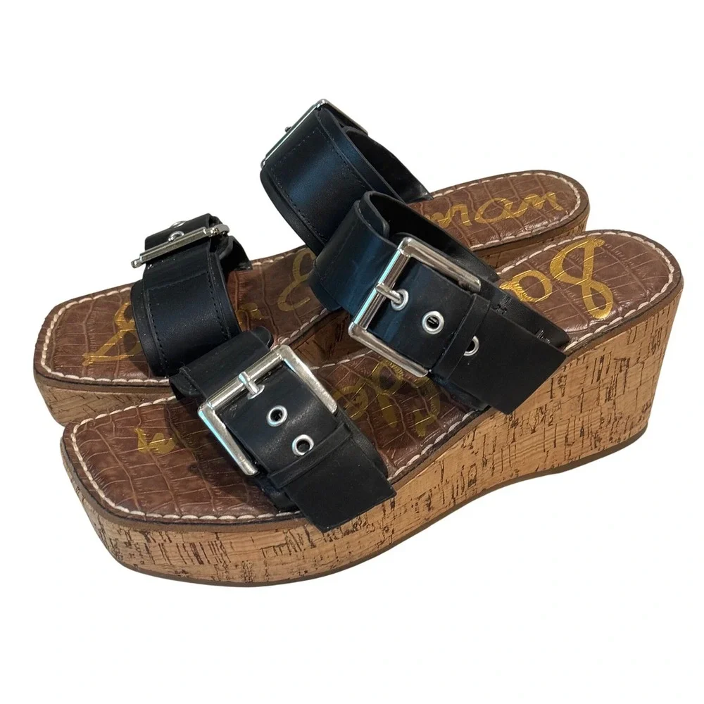 Sam Edelman Anna Platform Sandals Size 7 Black Buckle Leather Chunky Cork Wedge